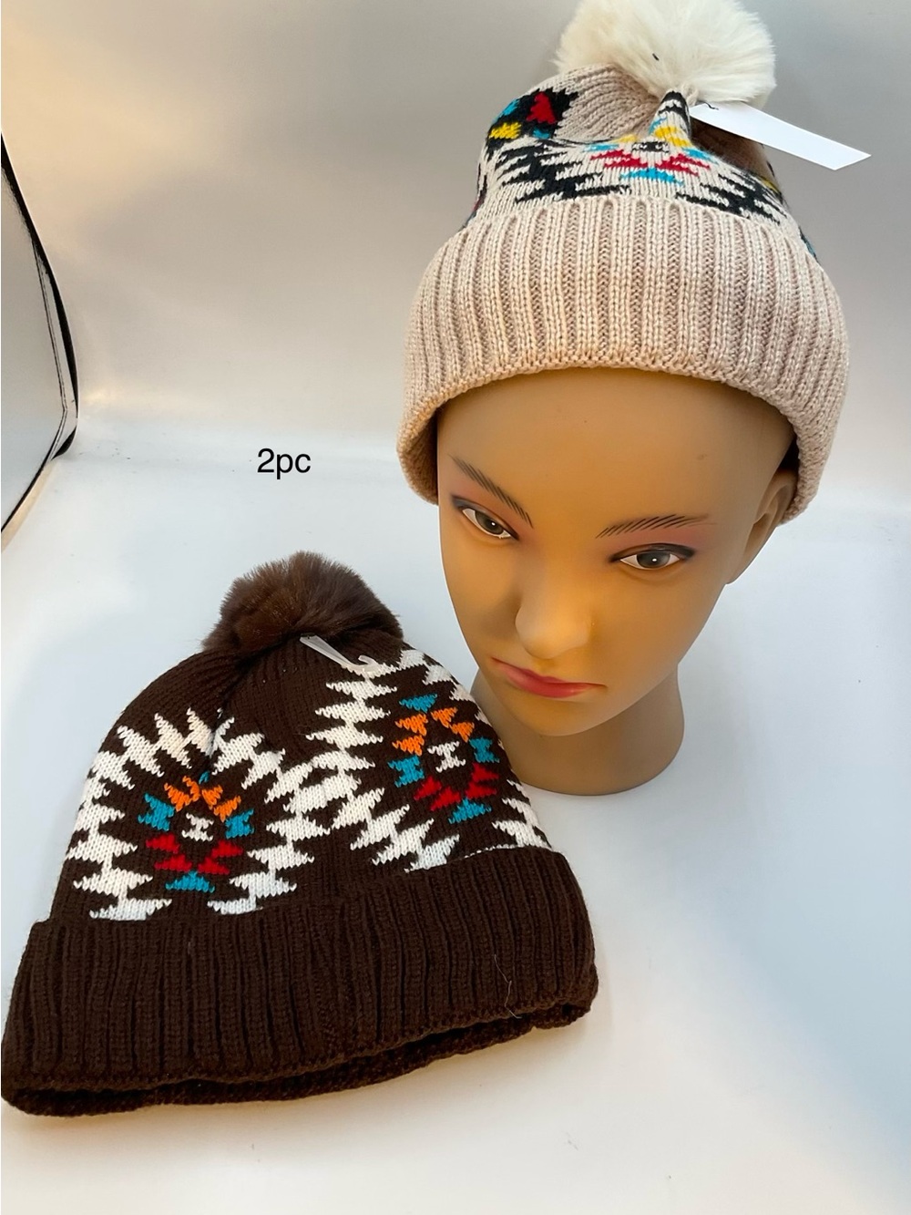 Cozy Knit Pom-Pom Beanie Duo - Beige & Brown